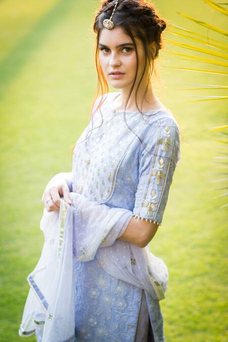 Aaryaa By Kashveen Kohli_Purple Kurta Lucknowi Georgette, Sharara  Chanderi And Dupatta Soft Net Set _Online_at_Aza_Fashions