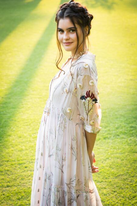 Aaryaa By Kashveen Kohli_Purple Cape Pepper Silk, Skirt Chanderi And Top Crochet Floral Print, & Set _Online_at_Aza_Fashions