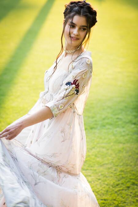 Shop_Aaryaa By Kashveen Kohli_Purple Cape Pepper Silk, Skirt Chanderi And Top Crochet Floral Print, & Set _Online_at_Aza_Fashions