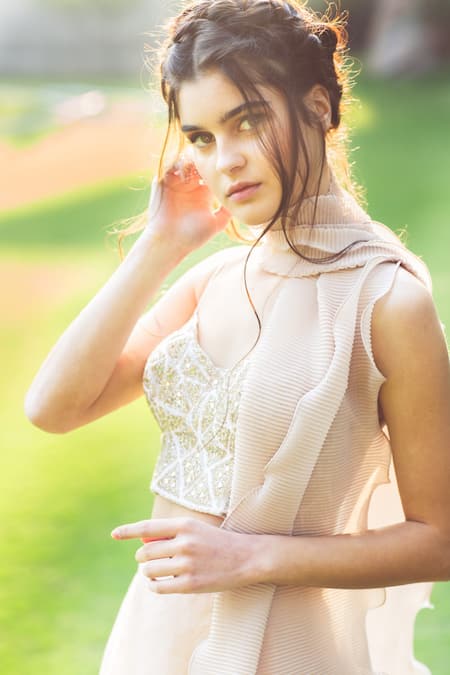 Shop_Aaryaa By Kashveen Kohli_Pink Blouse Raw Silk And Stole Shimmer Chiffon, Embroidered Bustier & Set _Online_at_Aza_Fashions