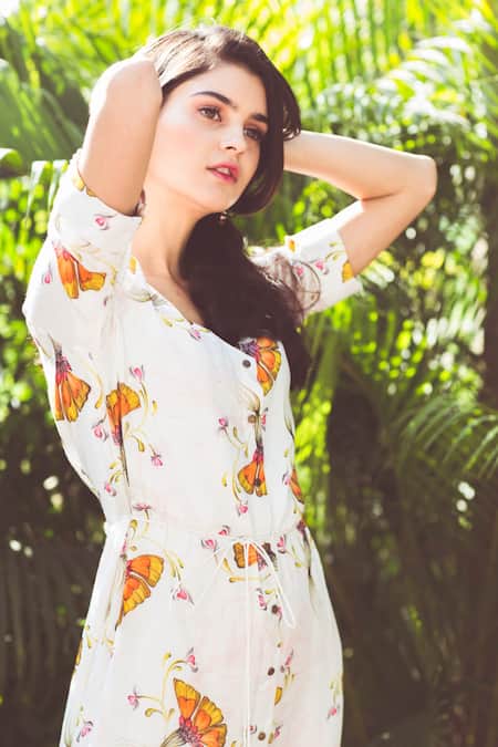 Buy Aaryaa By Kashveen Kohli White Crepe Floral And Foil V Neck Tulip Shirt Dress Online at Aza Fashions Buy_Aaryaa By Kashveen Kohli_White Crepe Floral And Foil V Neck Tulip Shirt Dress _Online_at_Aza_Fashions