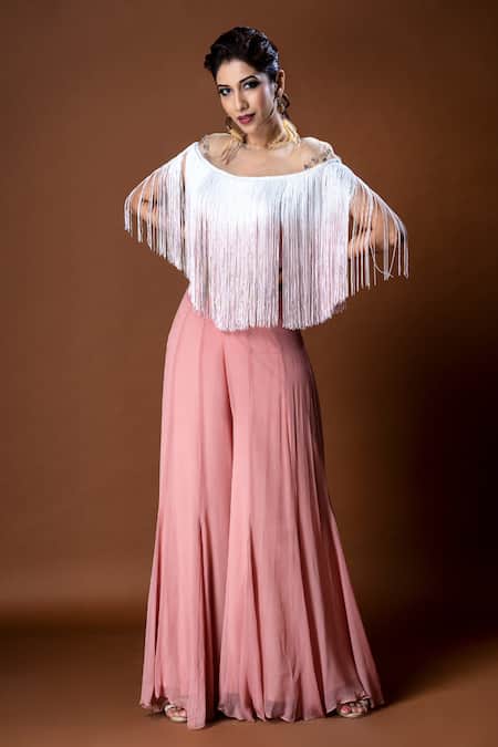 Aaryaa By Kashveen Kohli Pink Polyester Fringe And Pants Georgette, Top Crepe Round & Palazzo Set 