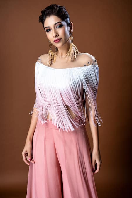 Aaryaa By Kashveen Kohli Pink Polyester Fringe And Pants Georgette, Top Crepe Round & Palazzo Set Online at Aza Fashions Aaryaa By Kashveen Kohli_Pink Polyester Fringe And Pants Georgette, Top Crepe Round & Palazzo Set _Online_at_Aza_Fashions