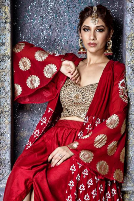 Aaryaa By Kashveen Kohli Red Cape Organza And Crop Top Net, Skirt Muslin Slub Foil Jacket Lehenga Set Online at Aza Fashions Aaryaa By Kashveen Kohli_Red Cape Organza And Crop Top Net, Skirt Muslin Slub Foil Jacket Lehenga Set _Online_at_Aza_Fashions