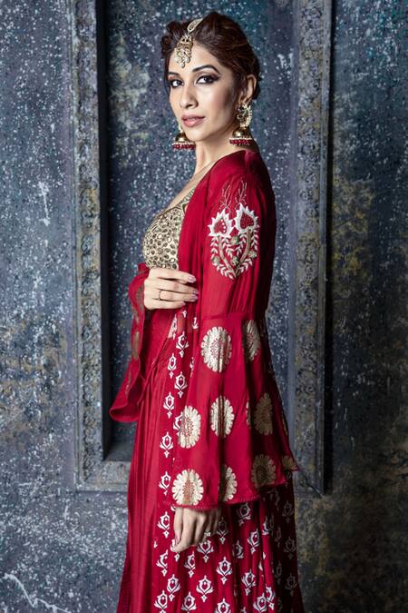 Buy Aaryaa By Kashveen Kohli Red Cape Organza And Crop Top Net, Skirt Muslin Slub Foil Jacket Lehenga Set Online at Aza Fashions Buy_Aaryaa By Kashveen Kohli_Red Cape Organza And Crop Top Net, Skirt Muslin Slub Foil Jacket Lehenga Set _Online_at_Aza_Fashions