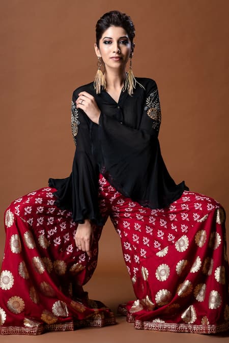 Aaryaa By Kashveen Kohli_Black Shirt Crepe And Palazzo Muslin Slub Thread, Placement Embroidered & Set _Online_at_Aza_Fashions