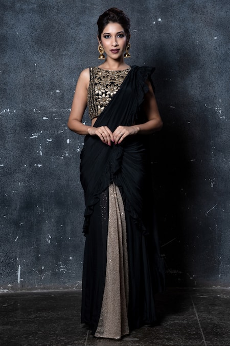 Shimmer Georgette Black Sequinned Saree With Blouse