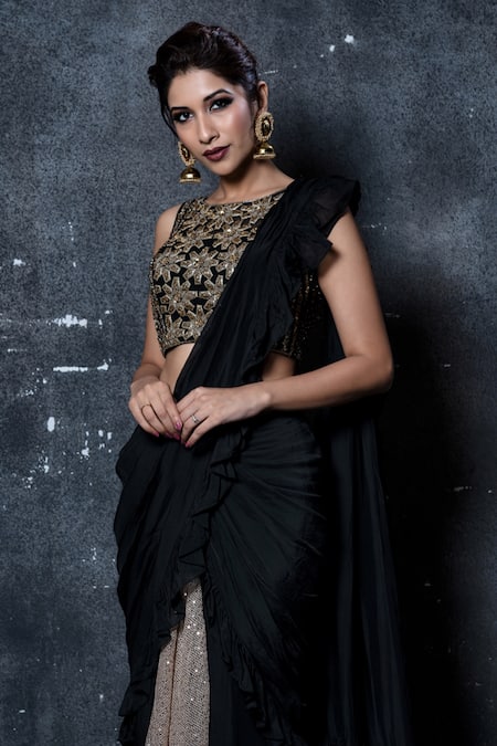 Buy_Aaryaa By Kashveen Kohli_Black Saree Organza And Blouse Net Sequin Work Pre-stitched With Embroidered _Online_at_Aza_Fashions
