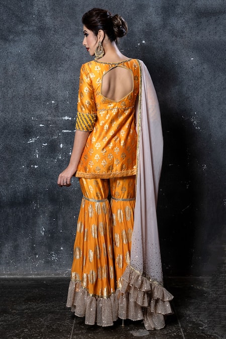 Shop Aaryaa By Kashveen Kohli Yellow Sharara Crepe Georgette, Kurta Silk Chanderi And Dupatta Angrakha Set at Aza Fashions Shop_Aaryaa By Kashveen Kohli_Yellow Sharara Crepe Georgette, Kurta Silk Chanderi And Dupatta Angrakha Set _at_Aza_Fashions