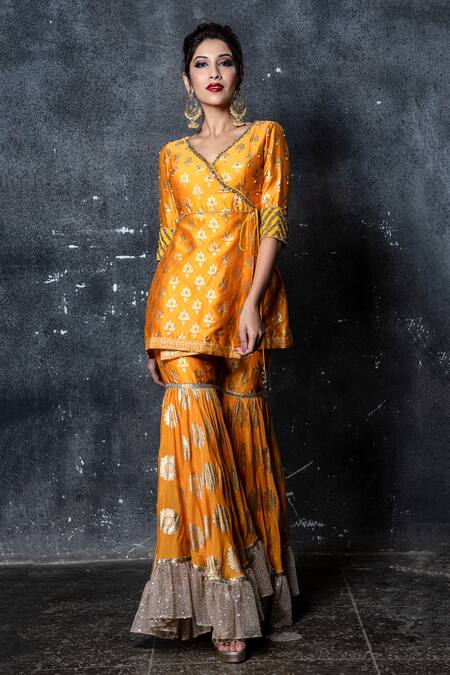 Aaryaa By Kashveen Kohli Yellow Sharara Crepe Georgette, Kurta Silk Chanderi And Dupatta Angrakha Set Online at Aza Fashions Aaryaa By Kashveen Kohli_Yellow Sharara Crepe Georgette, Kurta Silk Chanderi And Dupatta Angrakha Set _Online_at_Aza_Fashions