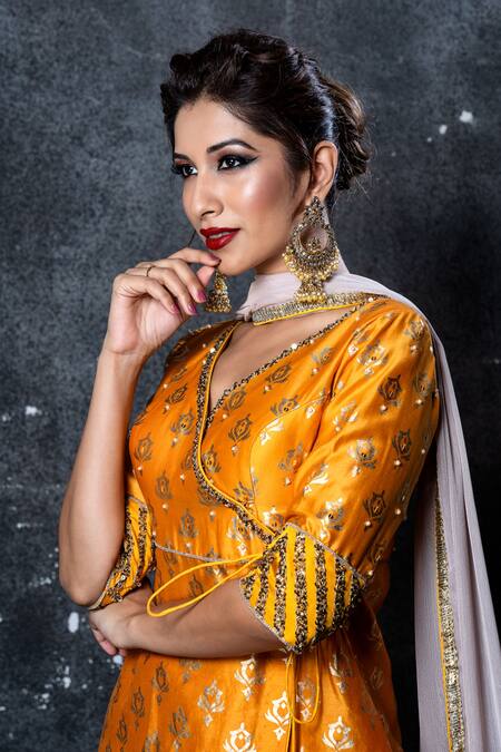 Buy Aaryaa By Kashveen Kohli Yellow Sharara Crepe Georgette, Kurta Silk Chanderi And Dupatta Angrakha Set Online at Aza Fashions Buy_Aaryaa By Kashveen Kohli_Yellow Sharara Crepe Georgette, Kurta Silk Chanderi And Dupatta Angrakha Set _Online_at_Aza_Fashions