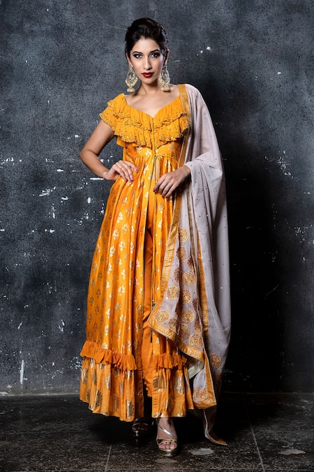 Aaryaa By Kashveen Kohli Yellow Anarkali Silk Chanderi, Pants Cotton Stretch And Dupatta Shimmer Set