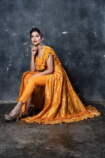 Buy Aaryaa By Kashveen Kohli Yellow Anarkali Silk Chanderi, Pants Cotton Stretch And Dupatta Shimmer Set Online at Aza Fashions Buy_Aaryaa By Kashveen Kohli_Yellow Anarkali Silk Chanderi, Pants Cotton Stretch And Dupatta Shimmer Set _Online_at_Aza_Fashions