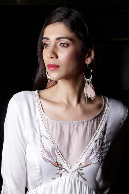 Aaryaa By Kashveen Kohli_White Modal Cotton Thread, Beads, Placement Embroidered Anarkali And Palazzo Set _Online_at_Aza_Fashions