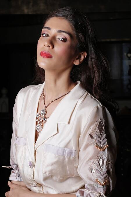 Aaryaa By Kashveen Kohli White Tafetta Cutdana, Thread, Beads, Gota Patti Sleeve Embroidered Shirt Dress Online at Aza Fashions Aaryaa By Kashveen Kohli_White Tafetta Cutdana, Thread, Beads, Gota Patti Sleeve Embroidered Shirt Dress _Online_at_Aza_Fashions