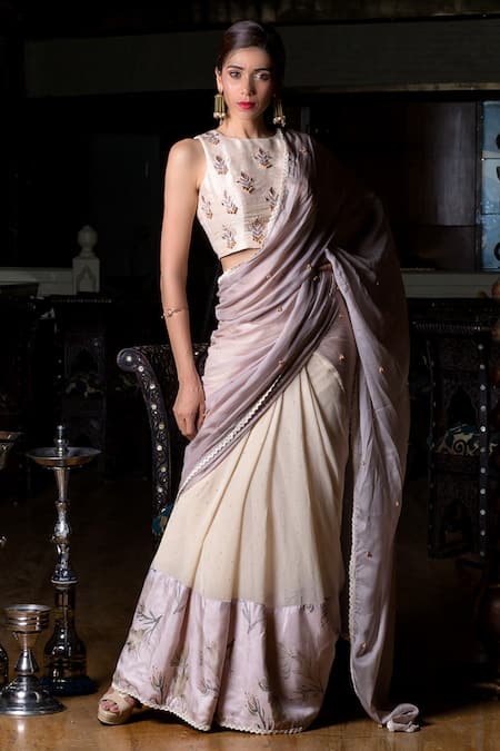 Aaryaa By Kashveen Kohli White Pure Raw Silk Embroidery And Print Thread Floral Border Saree With Blouse