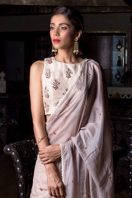 Buy_Aaryaa By Kashveen Kohli_White Badla Georgette And Pepper , Pure Raw Border Saree With Blouse _Online_at_Aza_Fashions