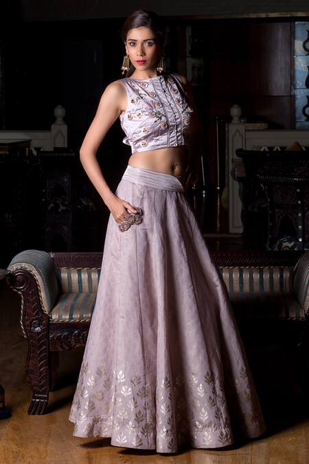 Aaryaa By Kashveen Kohli Purple Cotton Satin Stretch And Chanderi Sequin, Thread, Lehenga & Blouse Set Online at Aza Fashions Aaryaa By Kashveen Kohli_Purple Cotton Satin Stretch And Chanderi Sequin, Thread, Lehenga & Blouse Set _Online_at_Aza_Fashions