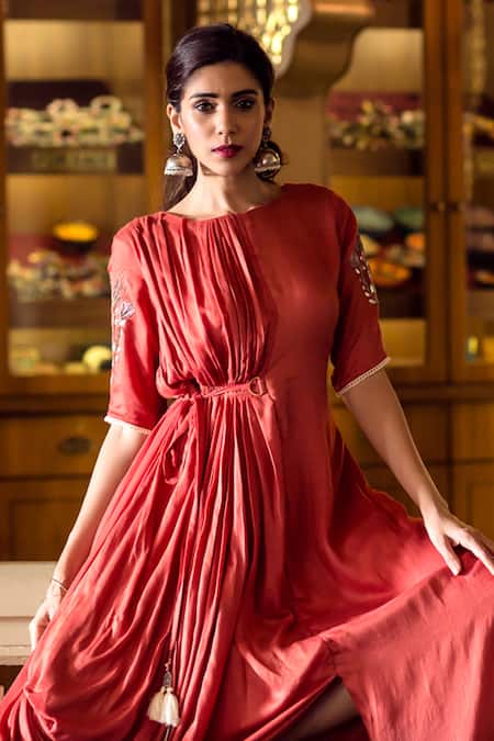 Shop Aaryaa By Kashveen Kohli Orange Modal Cotton Thread And Gota Patti Round Cowl Gown at Aza Fashions Shop_Aaryaa By Kashveen Kohli_Orange Modal Cotton Thread And Gota Patti Round Cowl Gown _at_Aza_Fashions