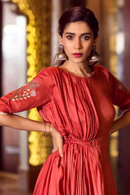 Aaryaa By Kashveen Kohli Orange Modal Cotton Thread And Gota Patti Round Cowl Gown Online at Aza Fashions Aaryaa By Kashveen Kohli_Orange Modal Cotton Thread And Gota Patti Round Cowl Gown _Online_at_Aza_Fashions