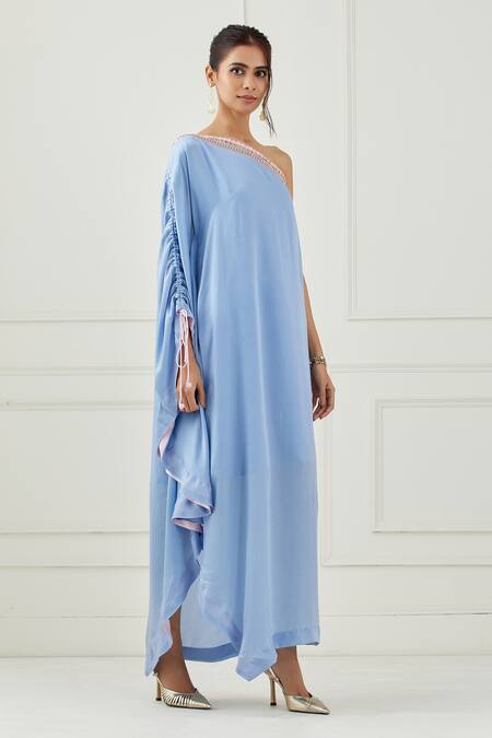 Label Nitika Blue Satin Sequin Asymmetric One Shoulder Dress Online at Aza Fashions Label Nitika_Blue Satin Sequin Asymmetric One Shoulder Dress_Online_at_Aza_Fashions