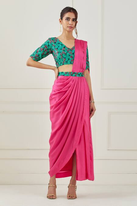Buy_Label Nitika_Pink Crepe, Satin Floral, Sequin V Neck Pre-draped Saree With Blouse_Online_at_Aza_Fashions