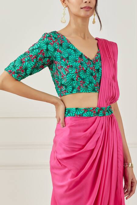 Shop_Label Nitika_Pink Crepe, Satin Floral, Sequin V Neck Pre-draped Saree With Blouse_Online_at_Aza_Fashions