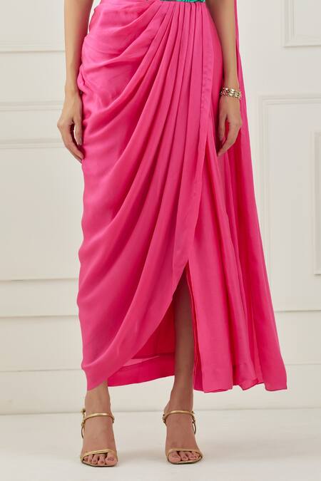Label Nitika_Pink Crepe, Satin Floral, Sequin V Neck Pre-draped Saree With Blouse_at_Aza_Fashions