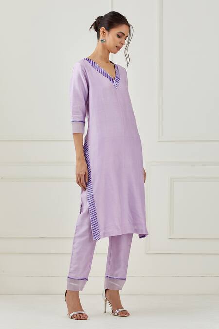 Label Nitika_Purple Chanderi, Silk Organza Sequin V Neck Kurta Set_Online_at_Aza_Fashions