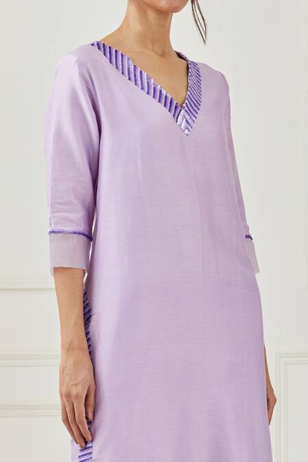 Shop_Label Nitika_Purple Chanderi, Silk Organza Sequin V Neck Kurta Set_Online_at_Aza_Fashions