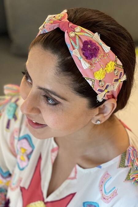 Payal Singhal Accessories_Pink Embroidered Hairband_Online_at_Aza_Fashions