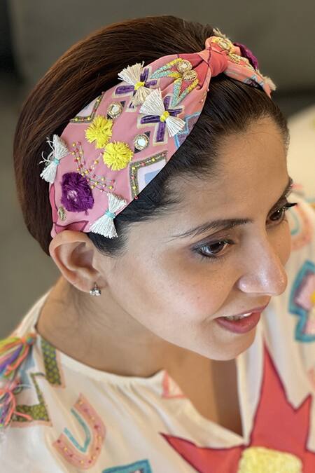 Shop_Payal Singhal Accessories_Pink Embroidered Hairband_Online_at_Aza_Fashions