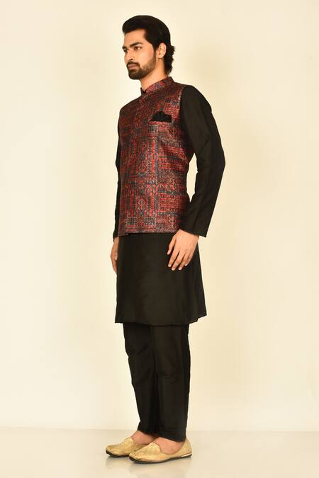 Buy_Arihant Rai Sinha_Red Cotton, Silk Sequins Geometric Print Bundi And Kurta Set_Online_at_Aza_Fashions