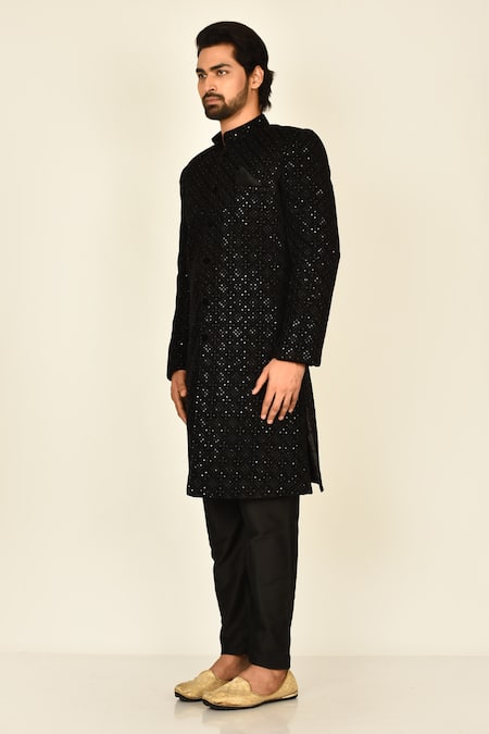 Arihant Rai Sinha Black Cotton, Silk Sequins Floral Embroidered Sherwani Set Online at Aza Fashions Arihant Rai Sinha_Black Cotton, Silk Sequins Floral Embroidered Sherwani Set _Online_at_Aza_Fashions