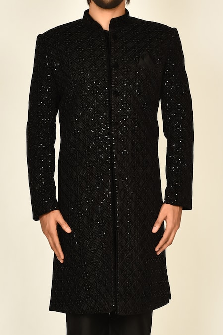 Arihant Rai Sinha Black Cotton, Silk Sequins Floral Embroidered Sherwani Set at Aza Fashions Arihant Rai Sinha_Black Cotton, Silk Sequins Floral Embroidered Sherwani Set _at_Aza_Fashions