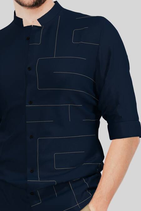 Buy_Hespoke_Blue 100% Cotton Nodal Lines Mesh Embroidered Shirt_Online_at_Aza_Fashions