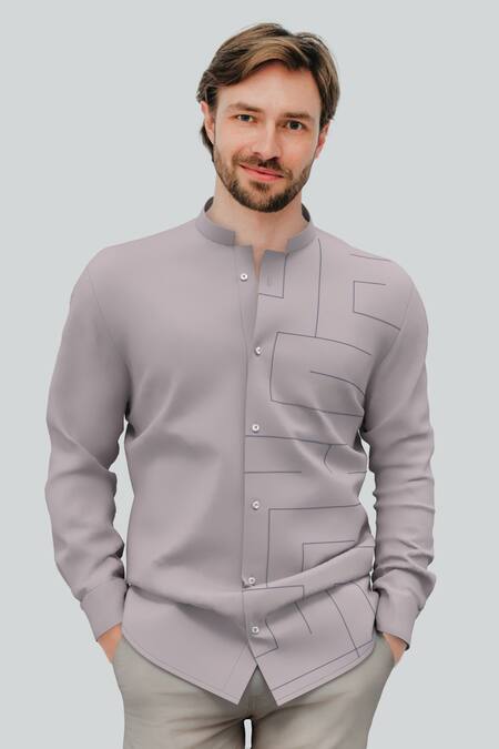 Hespoke_Grey 100% Cotton Nodal Lines Morbel Embroidered Shirt_Online_at_Aza_Fashions