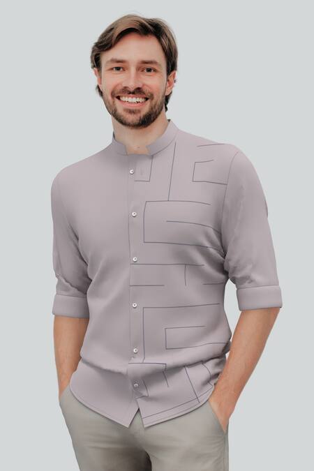 Buy_Hespoke_Grey 100% Cotton Nodal Lines Morbel Embroidered Shirt_Online_at_Aza_Fashions