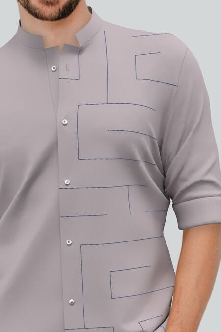 Shop_Hespoke_Grey 100% Cotton Nodal Lines Morbel Embroidered Shirt_Online_at_Aza_Fashions