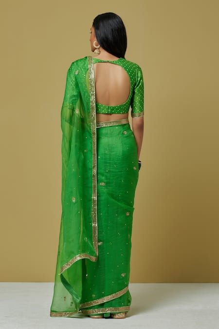 Shop Ikshita Choudhary Green Organza, Chanderi, Satin Sequin, Bandhani Embroidered Saree With Blouse at Aza Fashions Shop_Ikshita Choudhary_Green Organza, Chanderi, Satin Sequin, Bandhani Embroidered Saree With Blouse _at_Aza_Fashions