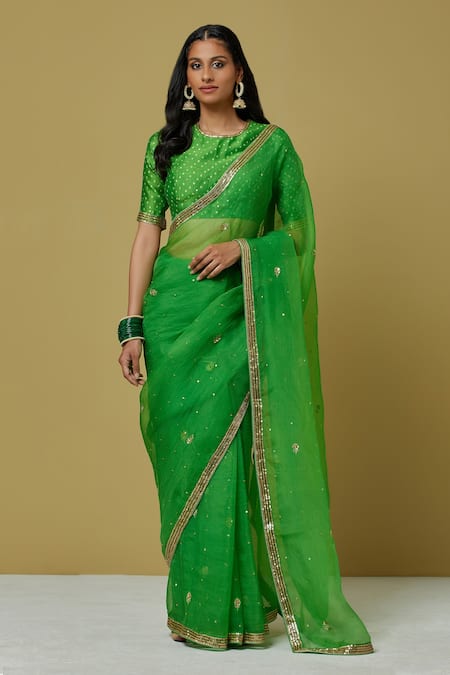 Ikshita Choudhary Green Organza, Chanderi, Satin Sequin, Bandhani Embroidered Saree With Blouse Online at Aza Fashions Ikshita Choudhary_Green Organza, Chanderi, Satin Sequin, Bandhani Embroidered Saree With Blouse _Online_at_Aza_Fashions