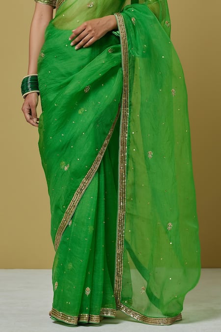 Shop Ikshita Choudhary Green Organza, Chanderi, Satin Sequin, Bandhani Embroidered Saree With Blouse Online at Aza Fashions Shop_Ikshita Choudhary_Green Organza, Chanderi, Satin Sequin, Bandhani Embroidered Saree With Blouse _Online_at_Aza_Fashions