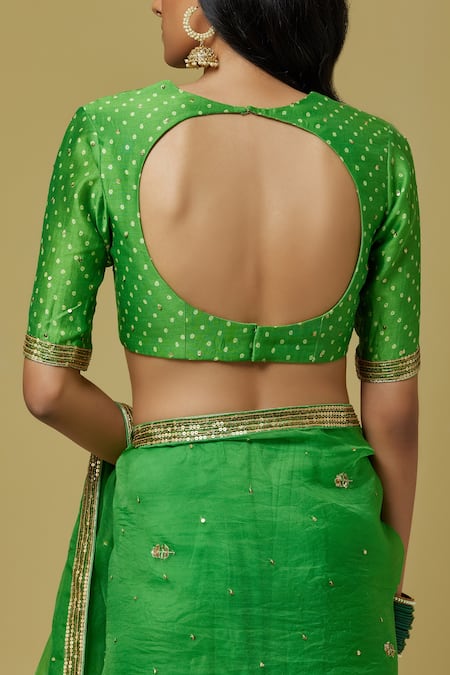 Ikshita Choudhary Green Organza, Chanderi, Satin Sequin, Bandhani Embroidered Saree With Blouse at Aza Fashions Ikshita Choudhary_Green Organza, Chanderi, Satin Sequin, Bandhani Embroidered Saree With Blouse _at_Aza_Fashions