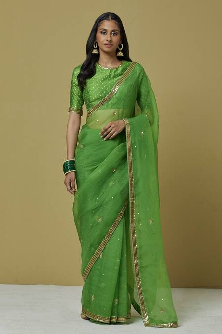 Blue green dual tone chanderi silk saree