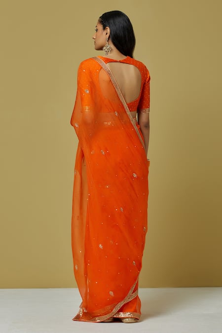 Shop Ikshita Choudhary Orange Organza, Chanderi, Satin Sequin, Bandhani Embroidered Saree With Blouse at Aza Fashions Shop_Ikshita Choudhary_Orange Organza, Chanderi, Satin Sequin, Bandhani Embroidered Saree With Blouse _at_Aza_Fashions