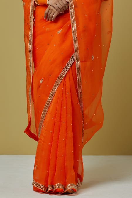 Shop Ikshita Choudhary Orange Organza, Chanderi, Satin Sequin, Bandhani Embroidered Saree With Blouse Online at Aza Fashions Shop_Ikshita Choudhary_Orange Organza, Chanderi, Satin Sequin, Bandhani Embroidered Saree With Blouse _Online_at_Aza_Fashions