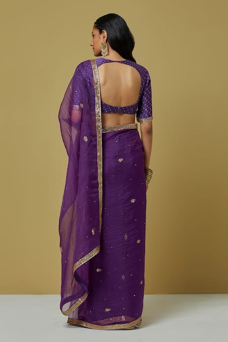 Shop Ikshita Choudhary Purple Organza Bead Work, Sequins, Bandhani Embroidered Saree With Blouse at Aza Fashions Shop_Ikshita Choudhary_Purple Organza Bead Work, Sequins, Bandhani Embroidered Saree With Blouse _at_Aza_Fashions