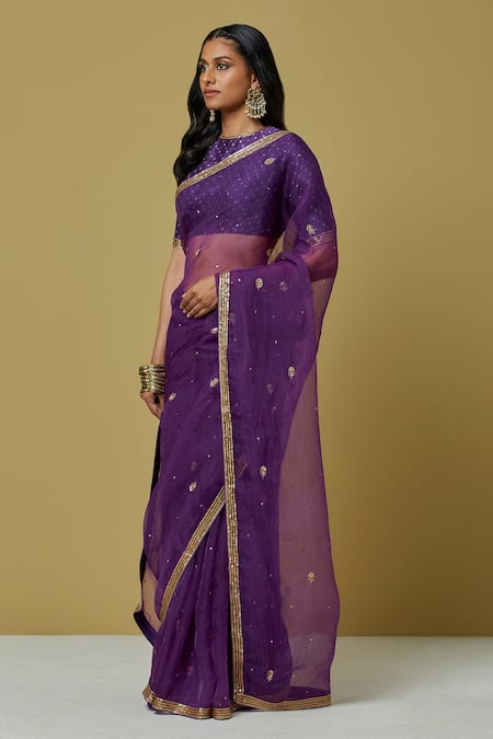 Ikshita Choudhary Purple Organza Bead Work, Sequins, Bandhani Embroidered Saree With Blouse Online at Aza Fashions Ikshita Choudhary_Purple Organza Bead Work, Sequins, Bandhani Embroidered Saree With Blouse _Online_at_Aza_Fashions