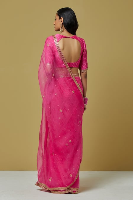 Shop Ikshita Choudhary Pink Organza Bead Work, Sequins, Bandhani Embroidered Saree With Blouse at Aza Fashions Shop_Ikshita Choudhary_Pink Organza Bead Work, Sequins, Bandhani Embroidered Saree With Blouse _at_Aza_Fashions