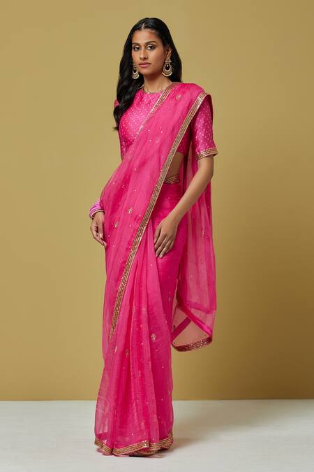 Ikshita Choudhary Pink Organza Bead Work, Sequins, Bandhani Embroidered Saree With Blouse Online at Aza Fashions Ikshita Choudhary_Pink Organza Bead Work, Sequins, Bandhani Embroidered Saree With Blouse _Online_at_Aza_Fashions